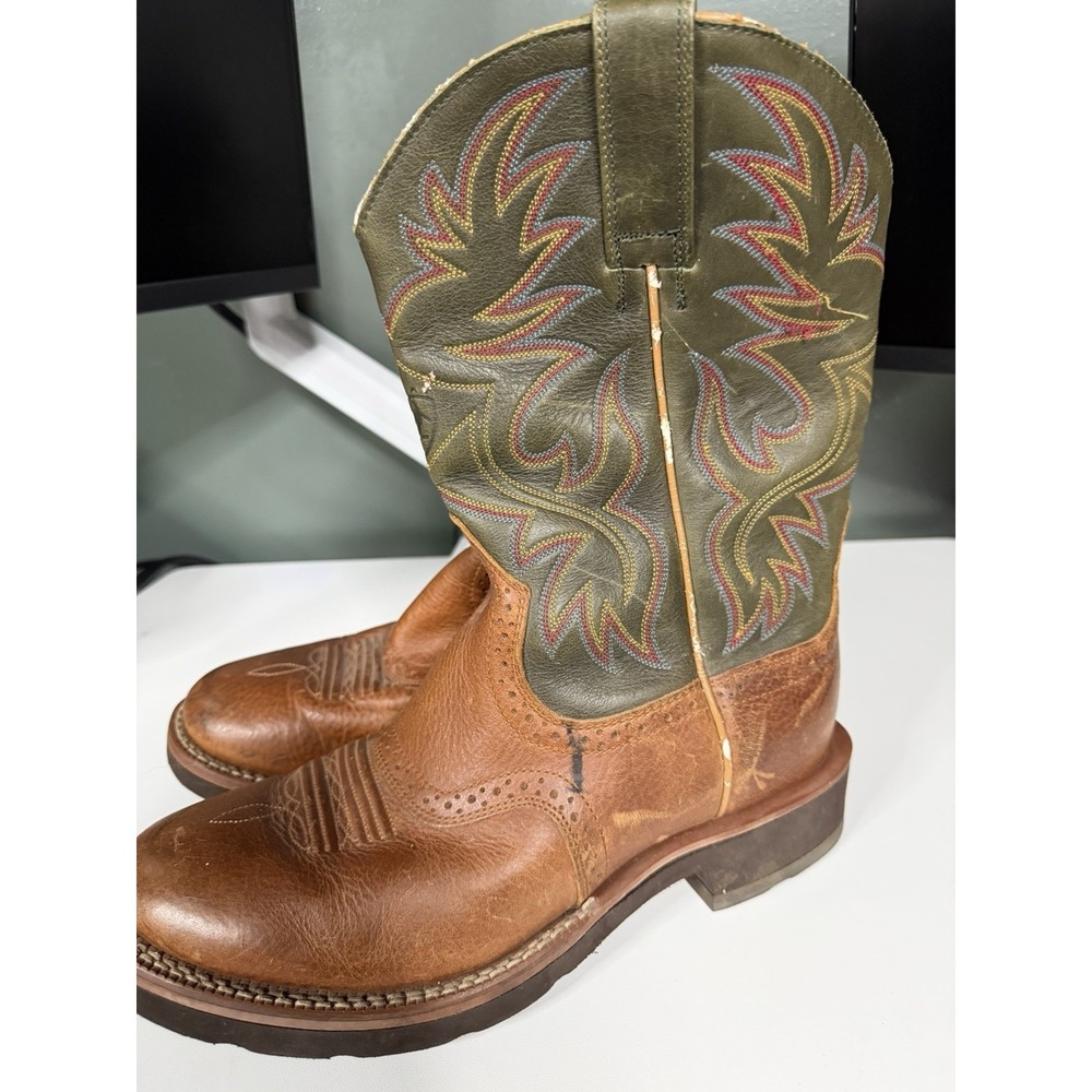 ARIAT DURA CREPE BROWN & GREEN LEATHER ROUND TOE COWBOY BOOTS MEN'S 8.5D C-1